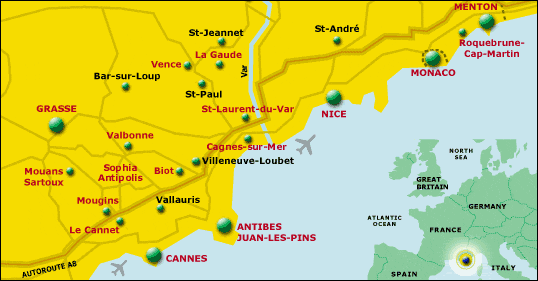 Лазурный Берег (Французская Ривьера). Карта курортов